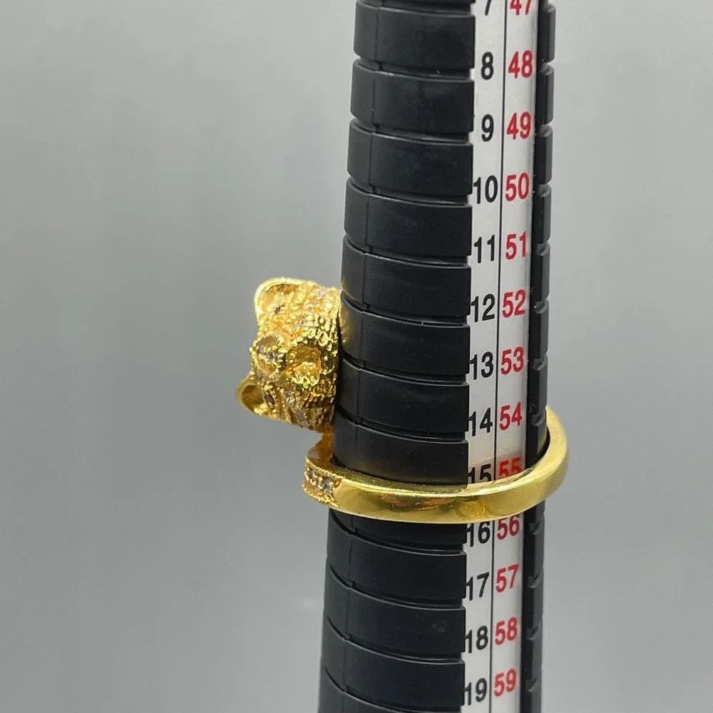 Gold Tone Panther Head Bypass Ring Red Eyes Clear Crystals‎ Statement Size 7.25
